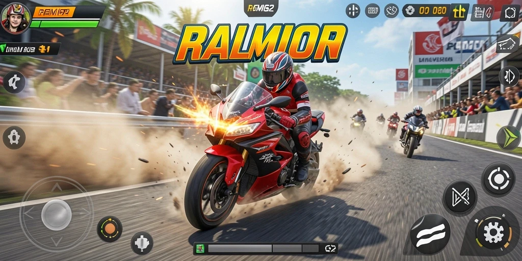 Tampilan gameplay seru dalam balapan motor yang menegangkan.