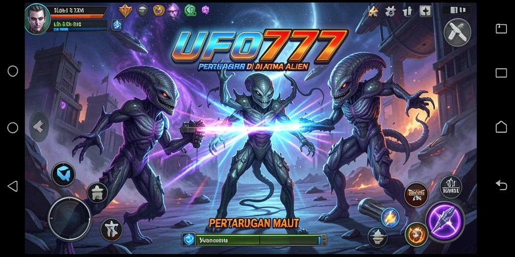 Tampilan gameplay menegangkan di <strong>UFO777</strong> dengan karakter alien yang bertarung.