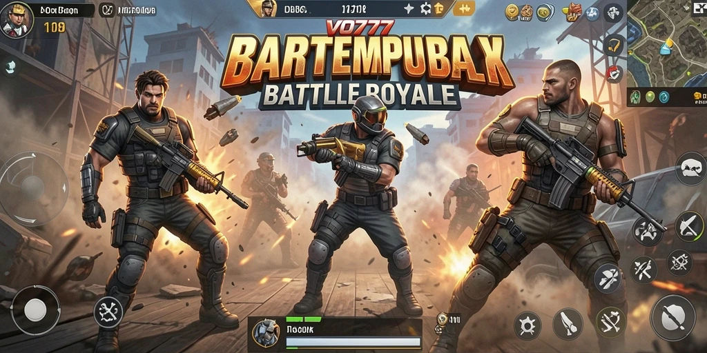 Screenshot gameplay intens pertempuran dari VO777 dalam Battle Royale.